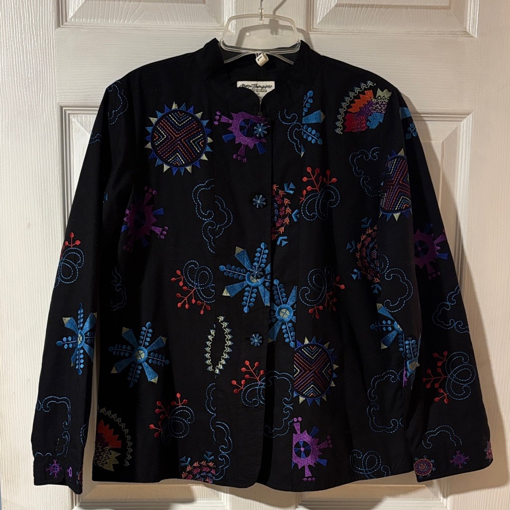 Vintage Norm Thompson Black Colorful Embroidered Design Button Front Jacket